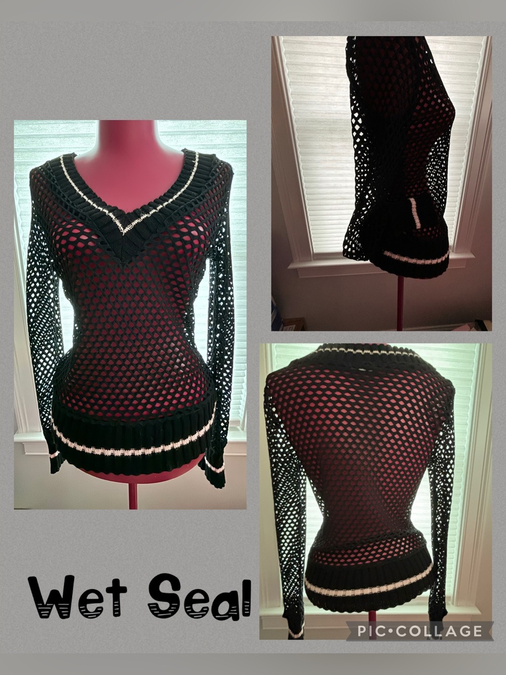 Vintage 2000s Wet Seal black mesh lone sleeve v neck sweater size Medium